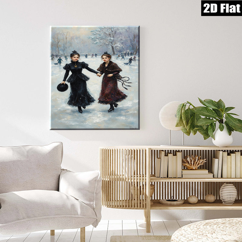 2D flat 1pc Winter Ice Skating Ladies Victorian Era Wall Art Canvas Prints For Living Room Bedroom Home Decor Farmhouse Style Gallery Wrapped Ready To Hang