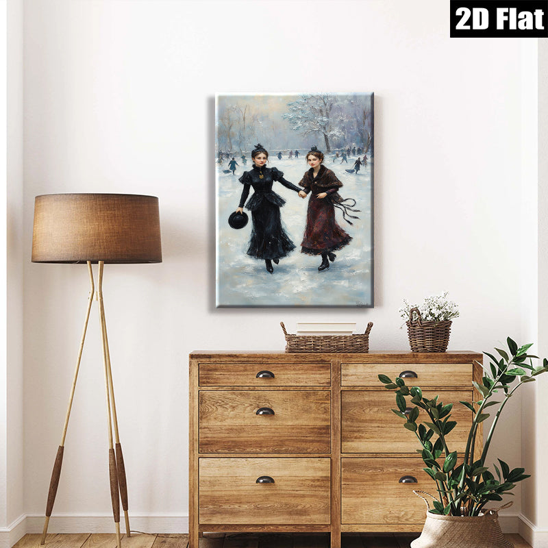 2D flat 1pc Winter Ice Skating Ladies Victorian Era Wall Art Canvas Prints For Living Room Bedroom Home Decor Farmhouse Style Gallery Wrapped Ready To Hang