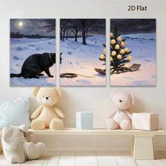 2D flat 1pc Winter Night Curious Cat Plays With String Lights Holiday Decor Farmhouse Wall Art Canvas Prints Living Room Bedroom Decor Gift