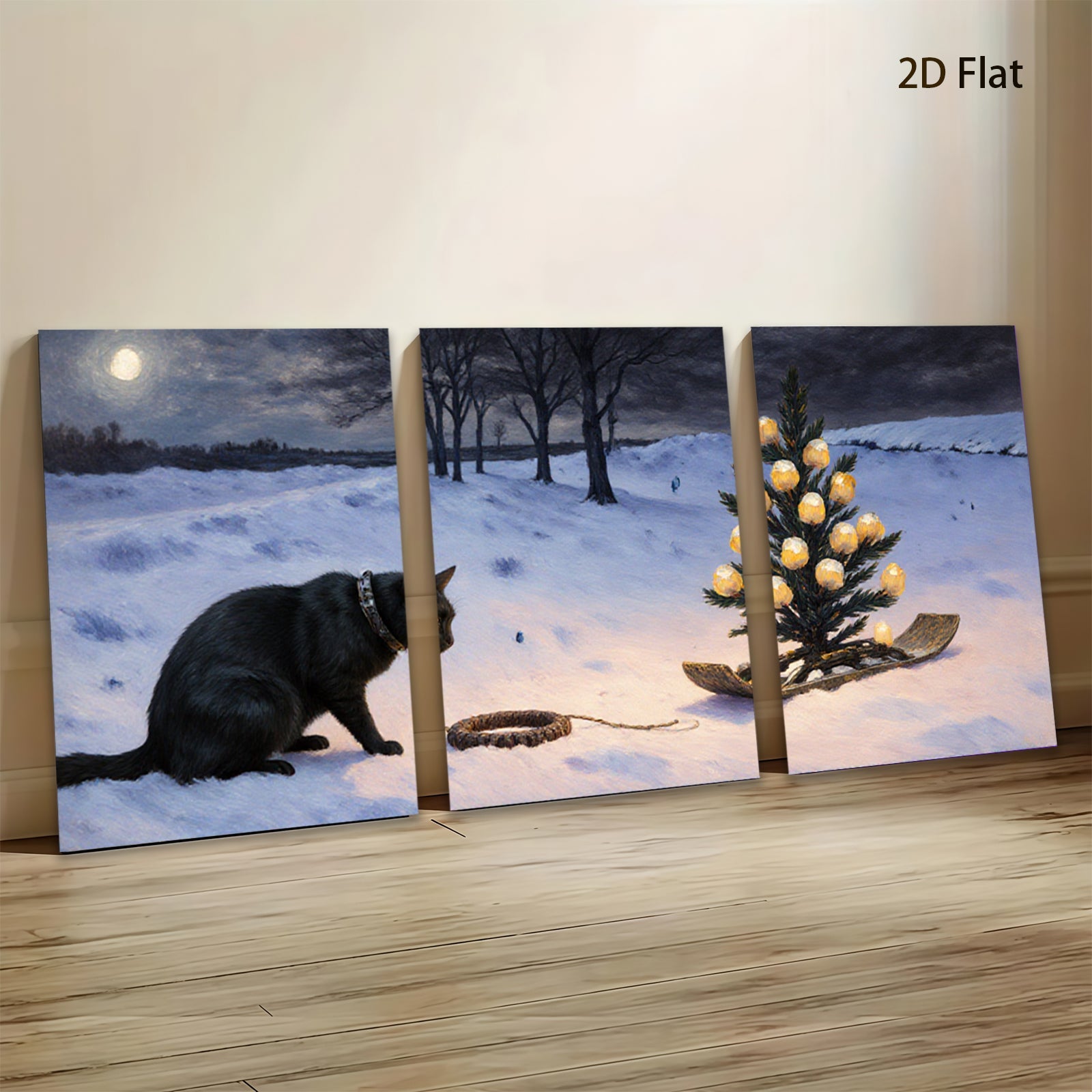 2D flat 1pc Winter Night Curious Cat Plays With String Lights Holiday Decor Farmhouse Wall Art Canvas Prints Living Room Bedroom Decor Gift