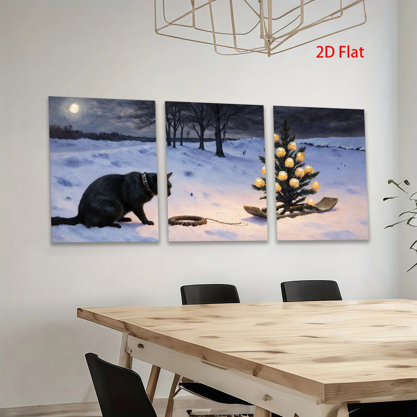 2D flat 1pc Winter Night Curious Cat Plays With String Lights Holiday Decor Farmhouse Wall Art Canvas Prints Living Room Bedroom Decor Gift