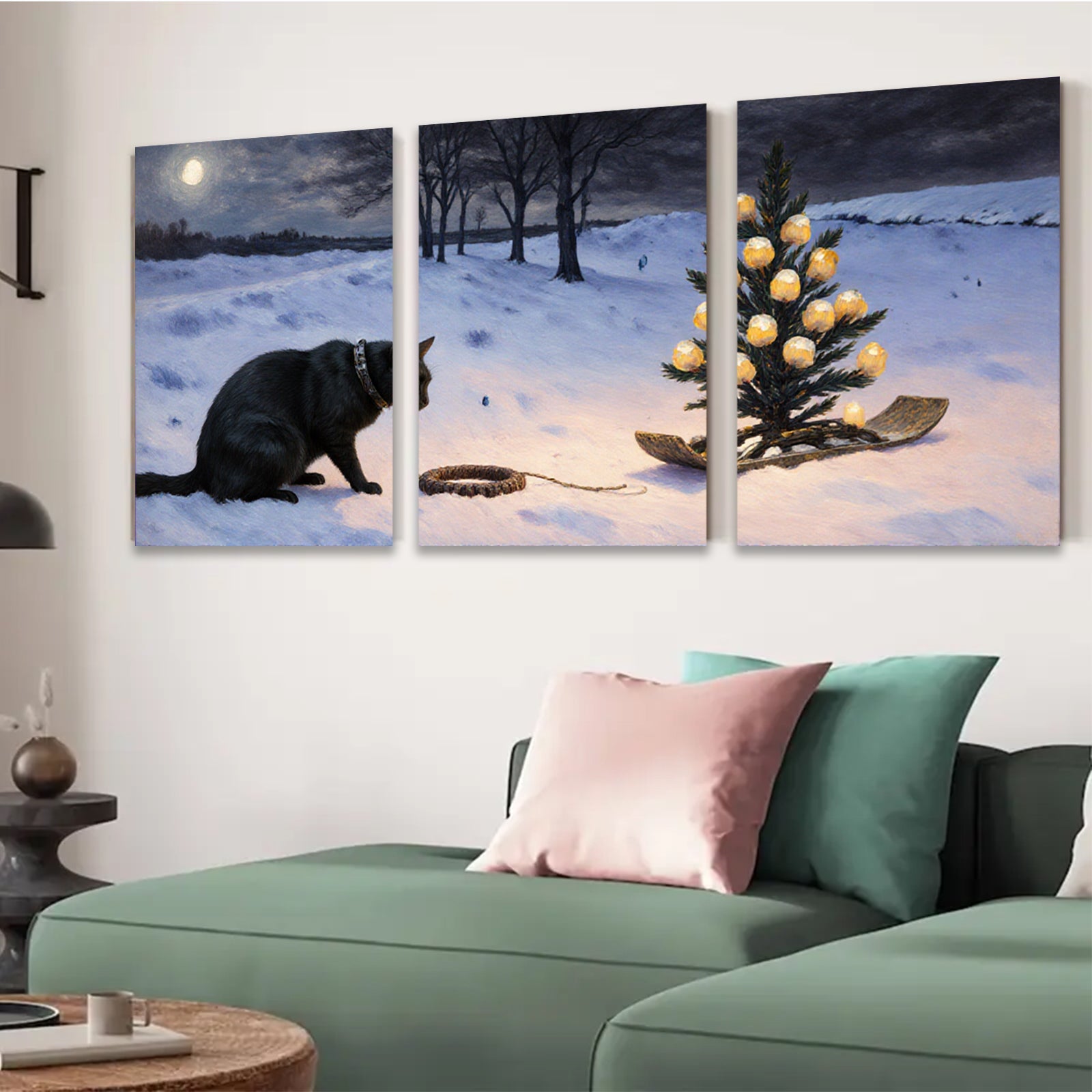 2D flat 1pc Winter Night Curious Cat Plays With String Lights Holiday Decor Farmhouse Wall Art Canvas Prints Living Room Bedroom Decor Gift