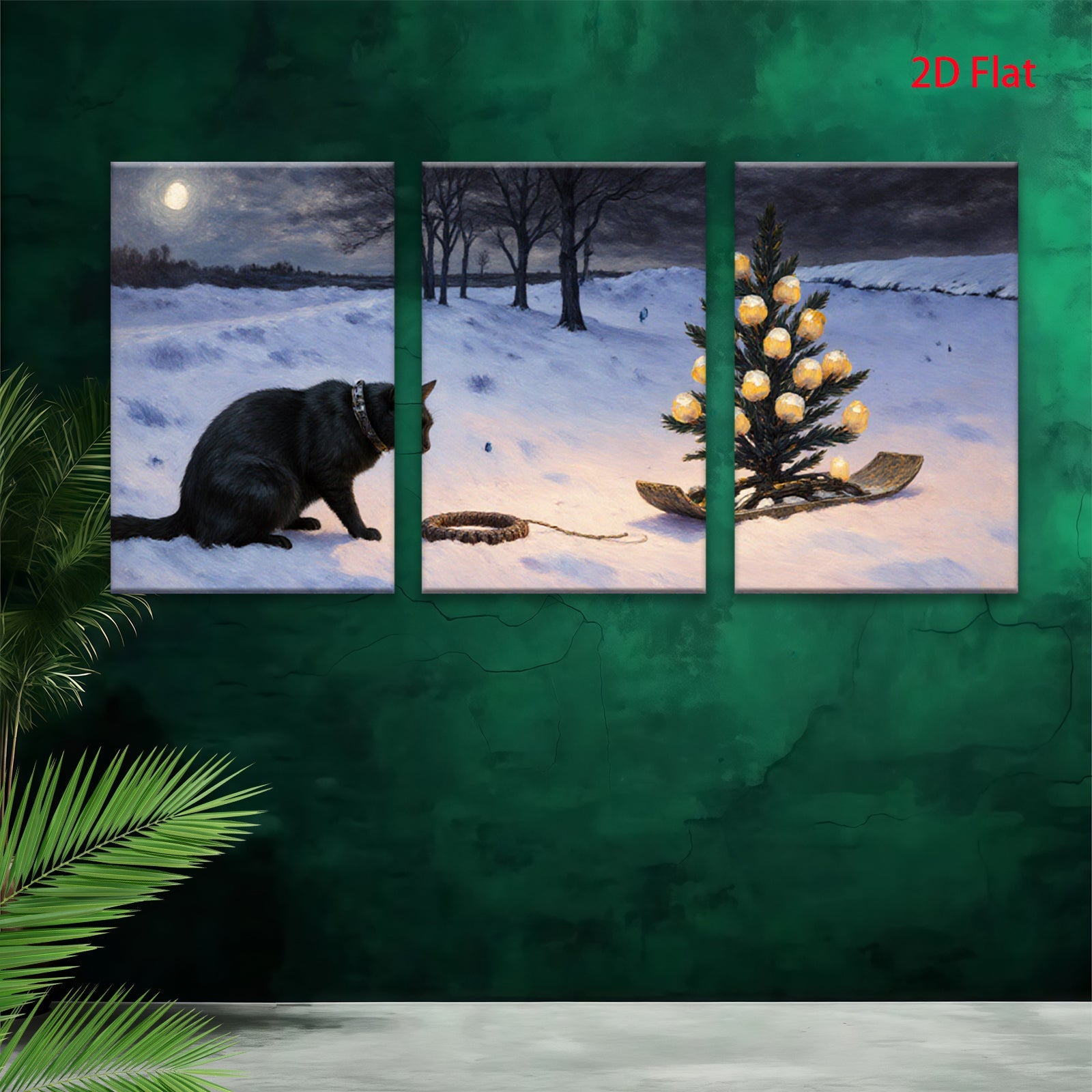 2D flat 1pc Winter Night Curious Cat Plays With String Lights Holiday Decor Farmhouse Wall Art Canvas Prints Living Room Bedroom Decor Gift