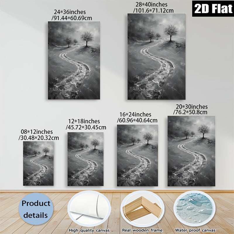 2D flat 1pc Winter Road Distant Trees Farmhouse Wall Art Modern Canvas Prints for Living Room Bedroom Decor Gallery Wrapped Ready to Hang Neutral Palette