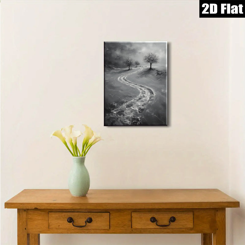 2D flat 1pc Winter Road Distant Trees Farmhouse Wall Art Modern Canvas Prints for Living Room Bedroom Decor Gallery Wrapped Ready to Hang Neutral Palette