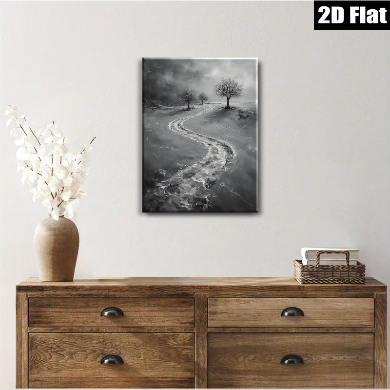 2D flat 1pc Winter Road Distant Trees Farmhouse Wall Art Modern Canvas Prints for Living Room Bedroom Decor Gallery Wrapped Ready to Hang Neutral Palette
