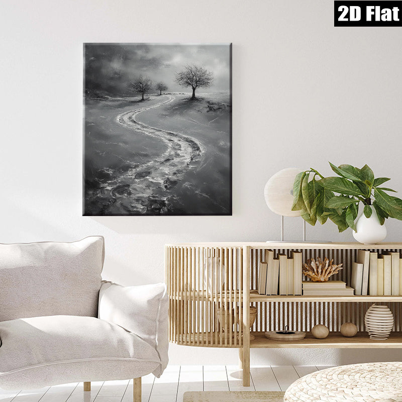 2D flat 1pc Winter Road Distant Trees Farmhouse Wall Art Modern Canvas Prints for Living Room Bedroom Decor Gallery Wrapped Ready to Hang Neutral Palette