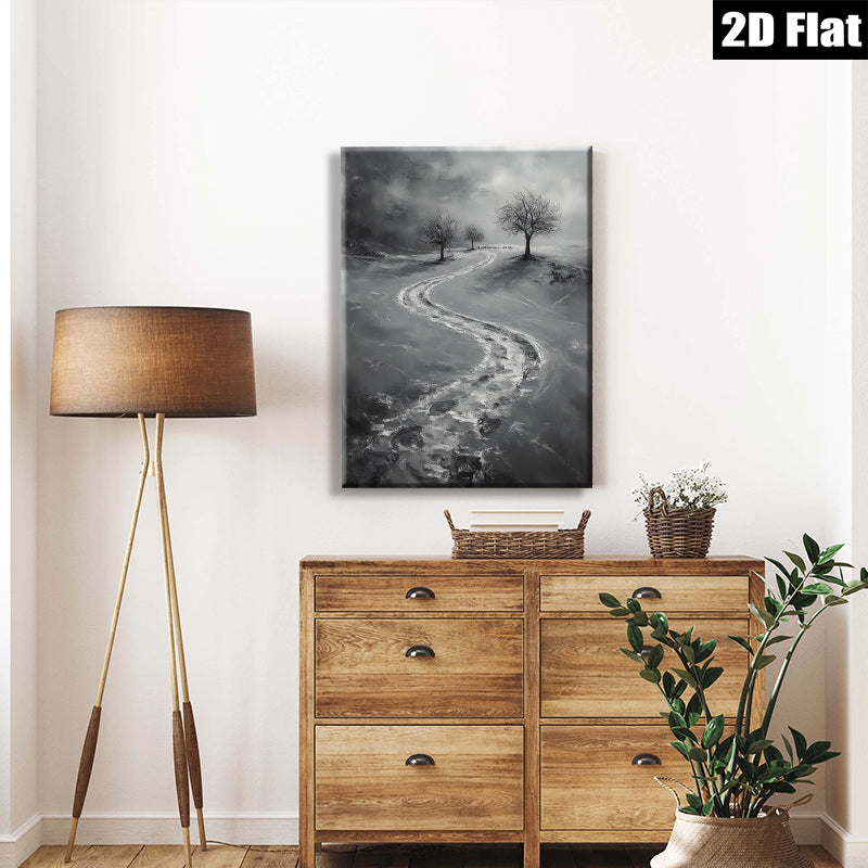 2D flat 1pc Winter Road Distant Trees Farmhouse Wall Art Modern Canvas Prints for Living Room Bedroom Decor Gallery Wrapped Ready to Hang Neutral Palette
