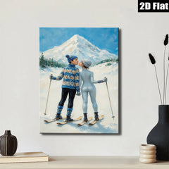 2D flat 1pc Winter Romance Skiing Couple Snowy Mountain Landscape Wall Art Canvas Prints Living Room Bedroom Decor Cozy Home Gift Modern Farmhouse Style