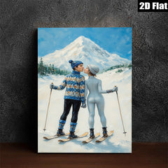 2D flat 1pc Winter Romance Skiing Couple Snowy Mountain Landscape Wall Art Canvas Prints Living Room Bedroom Decor Cozy Home Gift Modern Farmhouse Style