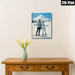 2D flat 1pc Winter Romance Skiing Couple Snowy Mountain Landscape Wall Art Canvas Prints Living Room Bedroom Decor Cozy Home Gift Modern Farmhouse Style