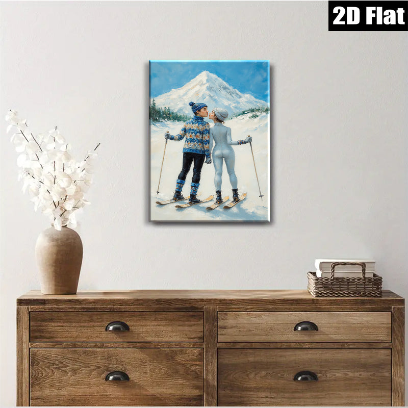 2D flat 1pc Winter Romance Skiing Couple Snowy Mountain Landscape Wall Art Canvas Prints Living Room Bedroom Decor Cozy Home Gift Modern Farmhouse Style