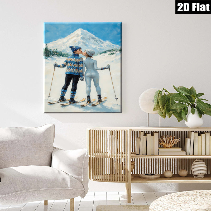 2D flat 1pc Winter Romance Skiing Couple Snowy Mountain Landscape Wall Art Canvas Prints Living Room Bedroom Decor Cozy Home Gift Modern Farmhouse Style