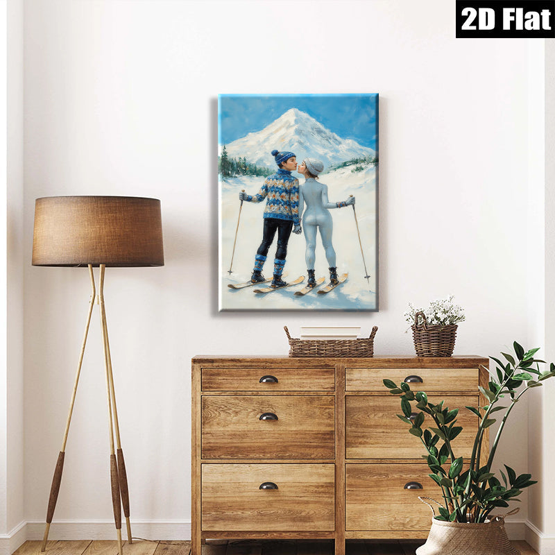 2D flat 1pc Winter Romance Skiing Couple Snowy Mountain Landscape Wall Art Canvas Prints Living Room Bedroom Decor Cozy Home Gift Modern Farmhouse Style