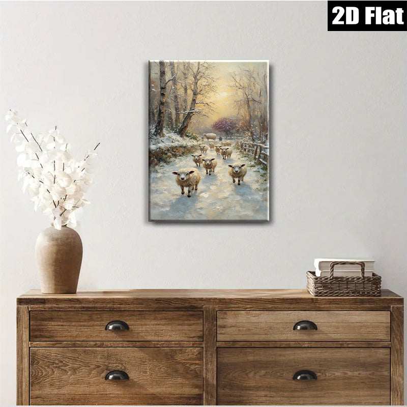 2D flat 1pc Winter Sheep Pastoral Scene Wall Art Farmhouse Decor Living Room Bedroom Canvas Prints Modern Country Style Cozy Home Accent