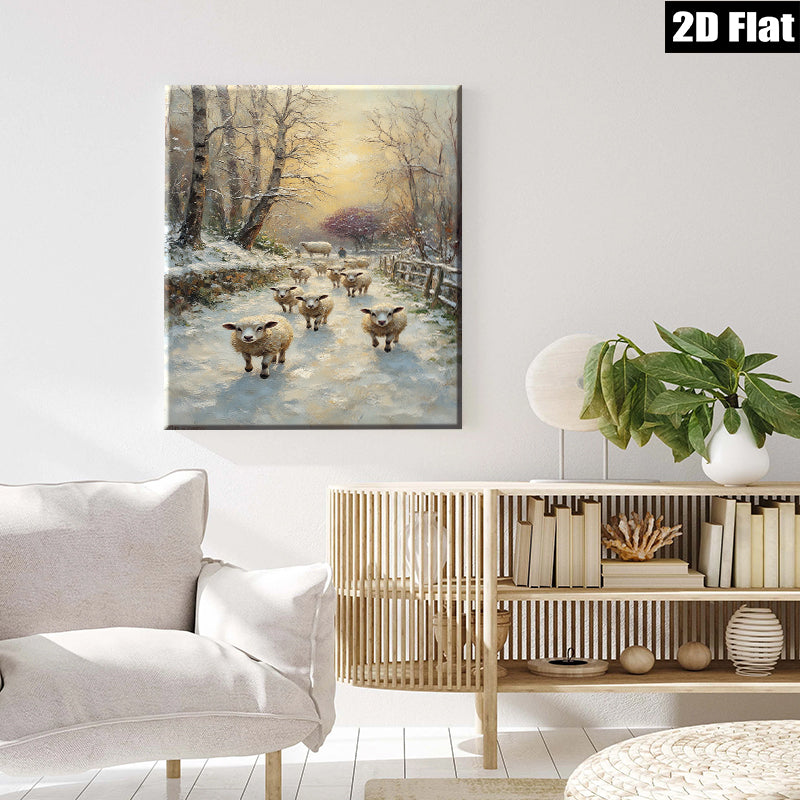 2D flat 1pc Winter Sheep Pastoral Scene Wall Art Farmhouse Decor Living Room Bedroom Canvas Prints Modern Country Style Cozy Home Accent