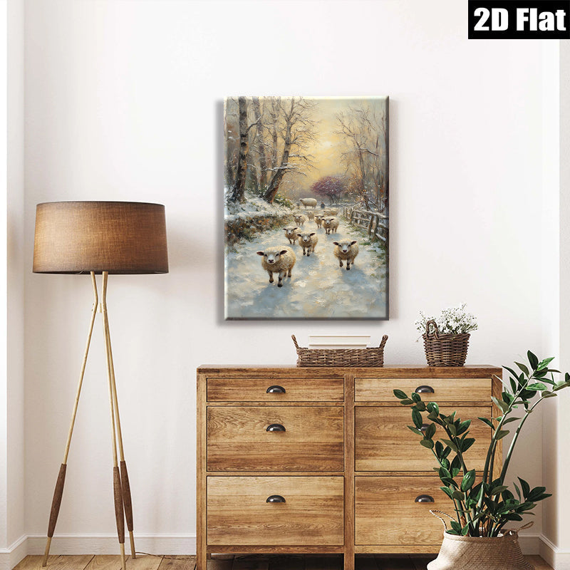 2D flat 1pc Winter Sheep Pastoral Scene Wall Art Farmhouse Decor Living Room Bedroom Canvas Prints Modern Country Style Cozy Home Accent