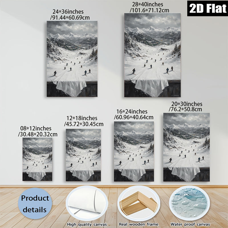 2D flat 1pc Winter Skiing Scene Mountain Landscape Wall Art For Living Room Bedroom Home Decor Farmhouse Style Gallery Wrapped Canvas Prints Ready To Hang
