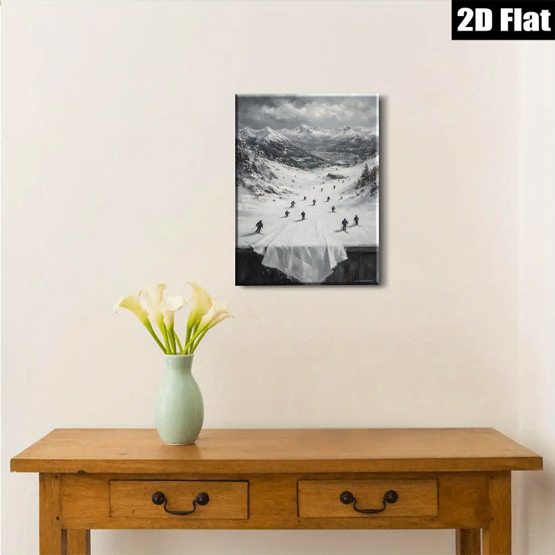 2D flat 1pc Winter Skiing Scene Mountain Landscape Wall Art For Living Room Bedroom Home Decor Farmhouse Style Gallery Wrapped Canvas Prints Ready To Hang