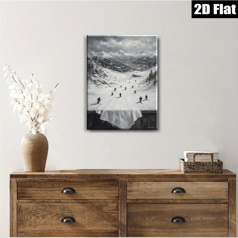 2D flat 1pc Winter Skiing Scene Mountain Landscape Wall Art For Living Room Bedroom Home Decor Farmhouse Style Gallery Wrapped Canvas Prints Ready To Hang