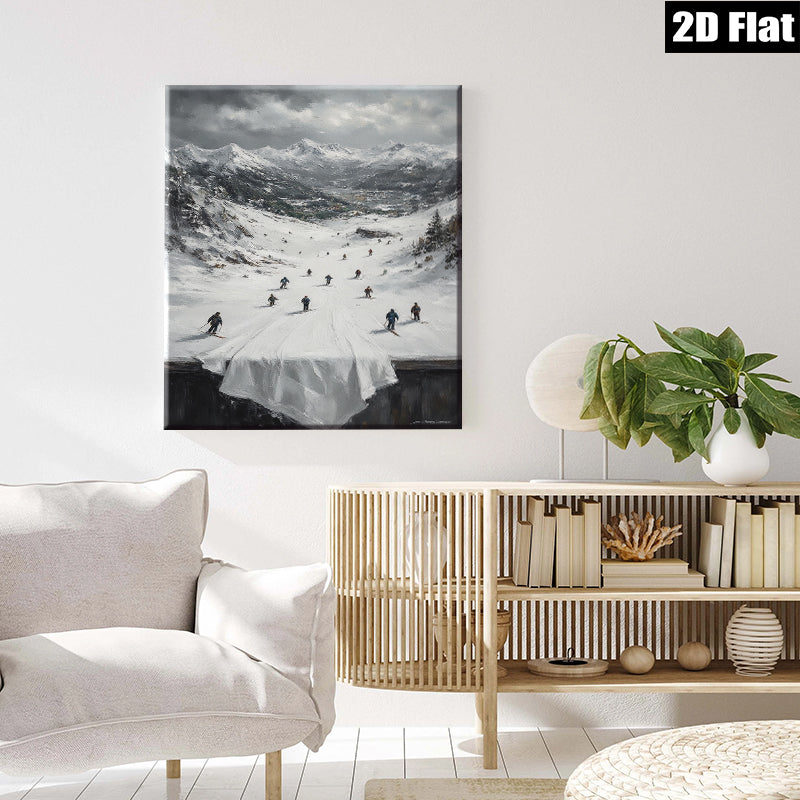 2D flat 1pc Winter Skiing Scene Mountain Landscape Wall Art For Living Room Bedroom Home Decor Farmhouse Style Gallery Wrapped Canvas Prints Ready To Hang