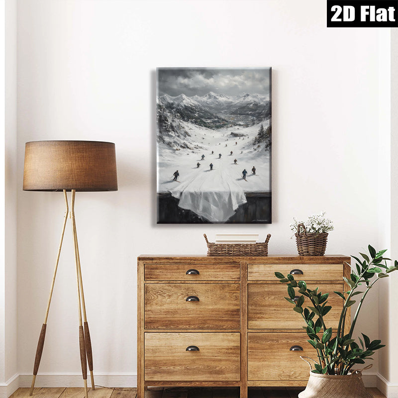 2D flat 1pc Winter Skiing Scene Mountain Landscape Wall Art For Living Room Bedroom Home Decor Farmhouse Style Gallery Wrapped Canvas Prints Ready To Hang