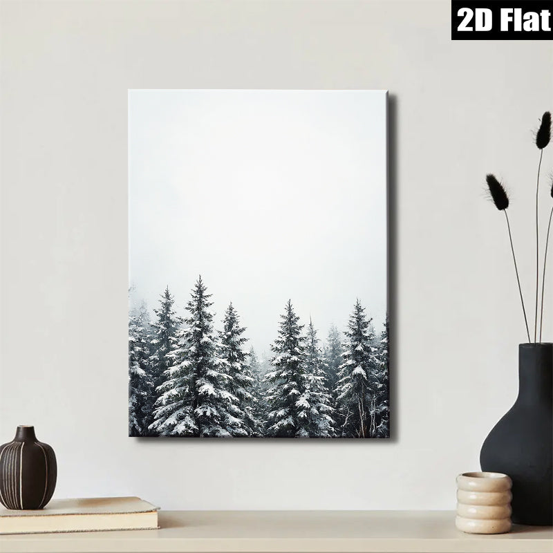 2D flat 1pc Winter Snowfall Pine Trees Forest Wall Art Canvas Print Home Decor Living Room Bedroom Modern Farmhouse Rustic Cozy Aesthetic Gallery Wrapped Ready to Hang