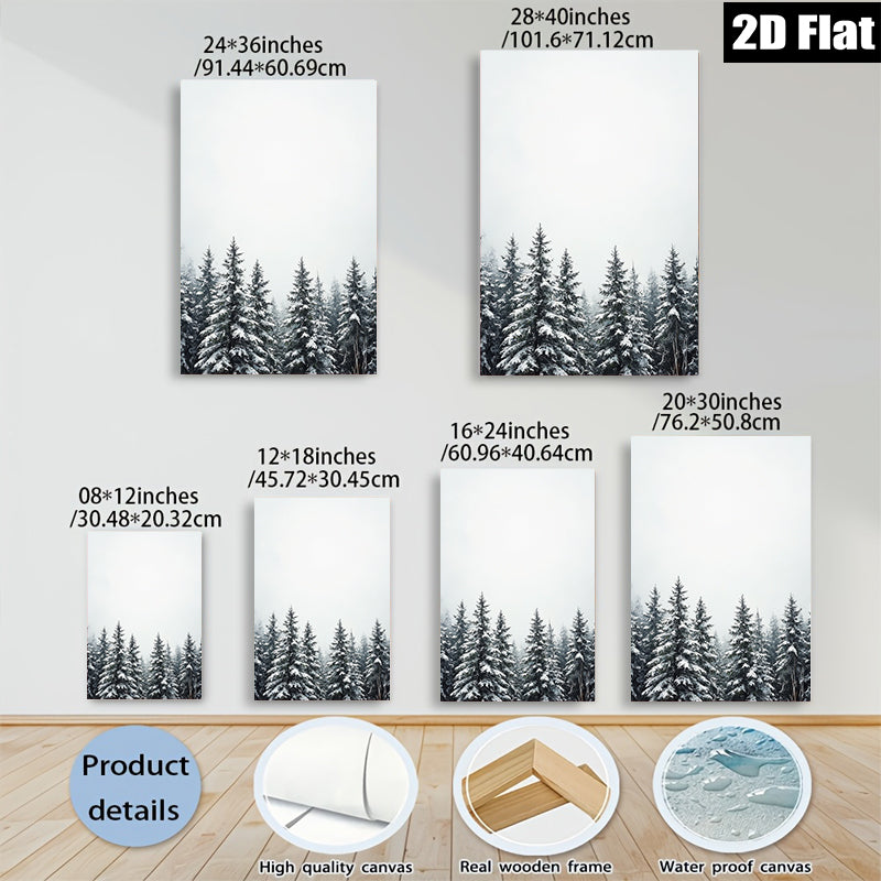 2D flat 1pc Winter Snowfall Pine Trees Forest Wall Art Canvas Print Home Decor Living Room Bedroom Modern Farmhouse Rustic Cozy Aesthetic Gallery Wrapped Ready to Hang
