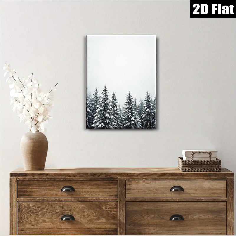 2D flat 1pc Winter Snowfall Pine Trees Forest Wall Art Canvas Print Home Decor Living Room Bedroom Modern Farmhouse Rustic Cozy Aesthetic Gallery Wrapped Ready to Hang