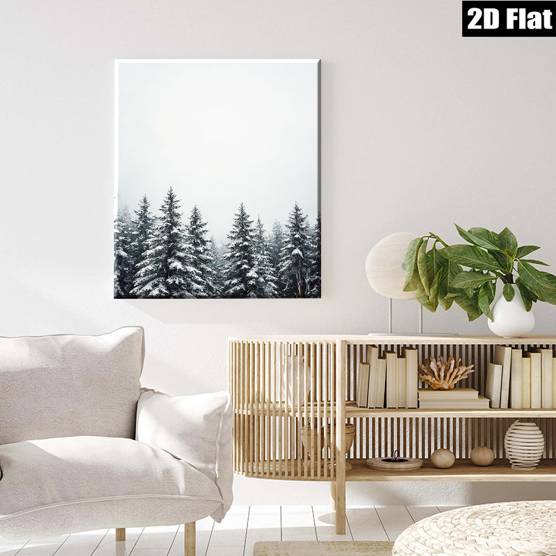 2D flat 1pc Winter Snowfall Pine Trees Forest Wall Art Canvas Print Home Decor Living Room Bedroom Modern Farmhouse Rustic Cozy Aesthetic Gallery Wrapped Ready to Hang