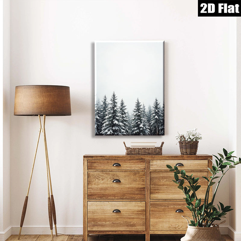 2D flat 1pc Winter Snowfall Pine Trees Forest Wall Art Canvas Print Home Decor Living Room Bedroom Modern Farmhouse Rustic Cozy Aesthetic Gallery Wrapped Ready to Hang