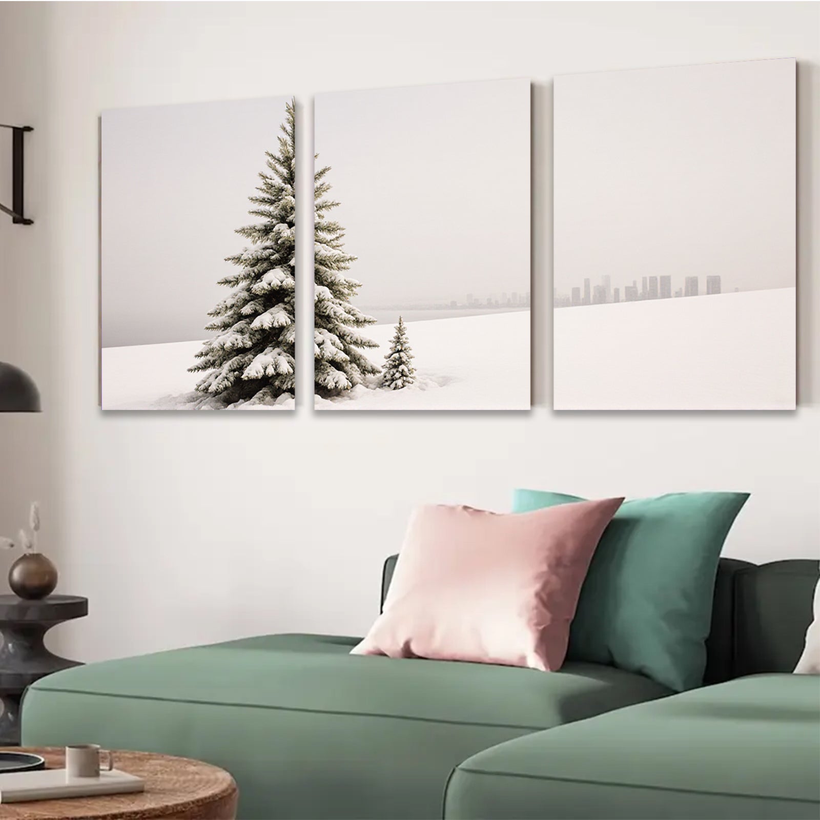 2D flat 1pc Winter Snowscape City View Modern Farmhouse Wall Art Living Room Bedroom Decor Gallery Wrapped Canvas Prints Teal Blue Gray Neutral Tone