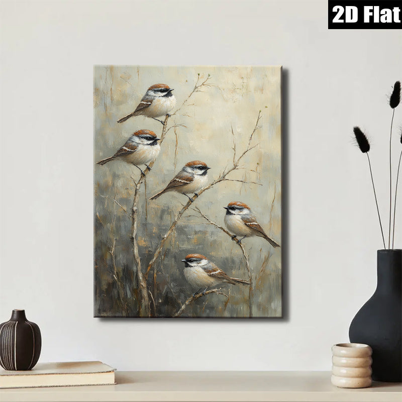 2D flat 1pc Winter Songbirds on Bare Branches Farmhouse Wall Decor Living Room Bedroom Art Canvas Print Modern Rustic Gallery Wrapped Teal Accent