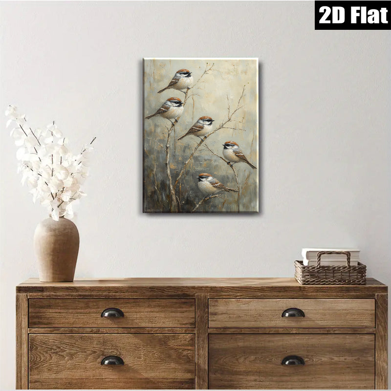 2D flat 1pc Winter Songbirds on Bare Branches Farmhouse Wall Decor Living Room Bedroom Art Canvas Print Modern Rustic Gallery Wrapped Teal Accent