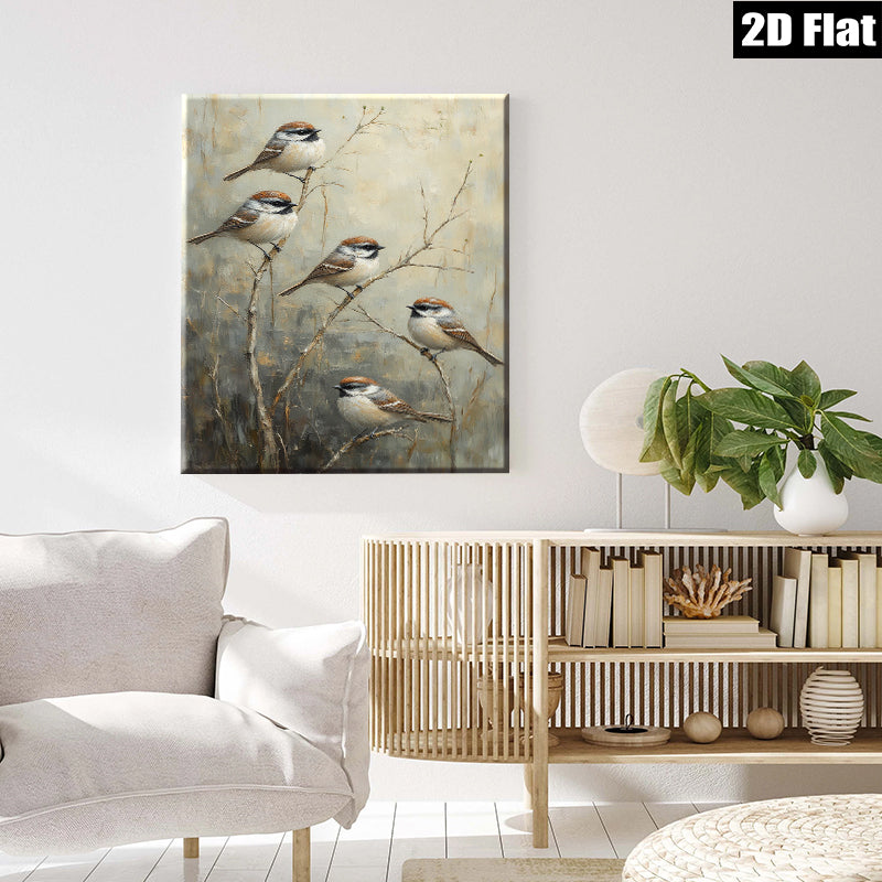 2D flat 1pc Winter Songbirds on Bare Branches Farmhouse Wall Decor Living Room Bedroom Art Canvas Print Modern Rustic Gallery Wrapped Teal Accent