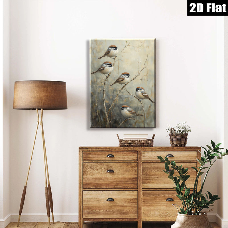 2D flat 1pc Winter Songbirds on Bare Branches Farmhouse Wall Decor Living Room Bedroom Art Canvas Print Modern Rustic Gallery Wrapped Teal Accent