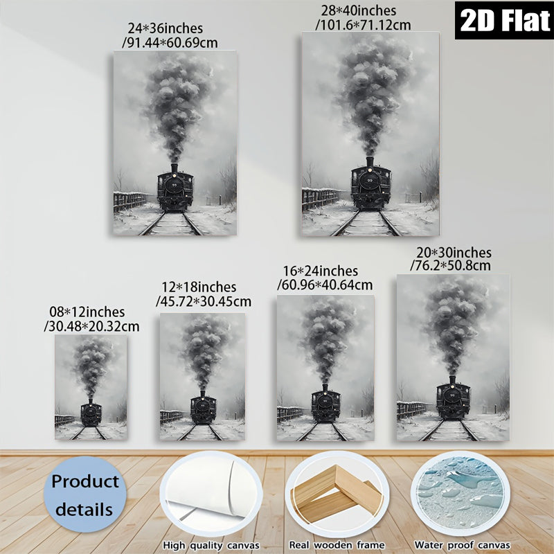 2D flat 1pc Winter Steam Train Rural Landscape Wall Art Decor Living Room Bedroom Gallery Wrapped Canvas Prints Modern Farmhouse Style Cozy Aesthetic Home Decor