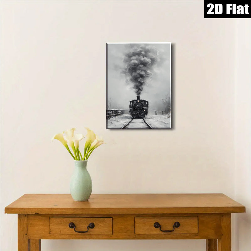 2D flat 1pc Winter Steam Train Rural Landscape Wall Art Decor Living Room Bedroom Gallery Wrapped Canvas Prints Modern Farmhouse Style Cozy Aesthetic Home Decor