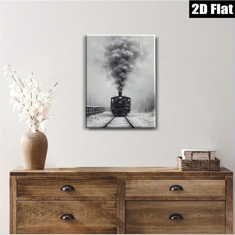 2D flat 1pc Winter Steam Train Rural Landscape Wall Art Decor Living Room Bedroom Gallery Wrapped Canvas Prints Modern Farmhouse Style Cozy Aesthetic Home Decor