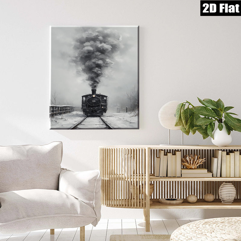 2D flat 1pc Winter Steam Train Rural Landscape Wall Art Decor Living Room Bedroom Gallery Wrapped Canvas Prints Modern Farmhouse Style Cozy Aesthetic Home Decor