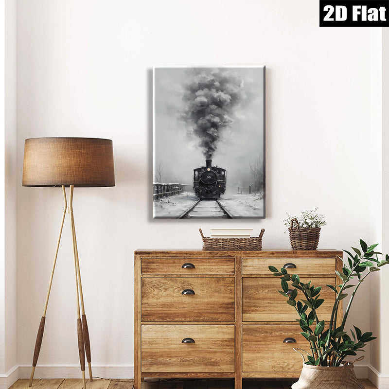 2D flat 1pc Winter Steam Train Rural Landscape Wall Art Decor Living Room Bedroom Gallery Wrapped Canvas Prints Modern Farmhouse Style Cozy Aesthetic Home Decor