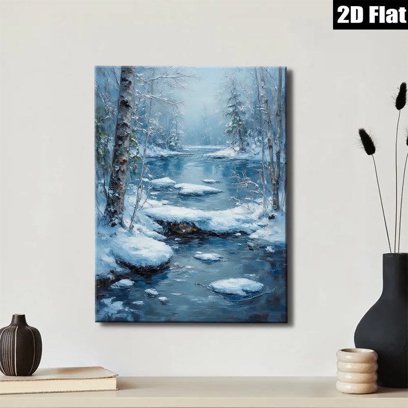 2D flat 1pc Winter Stream Snowscape Canvas Wall Art for Living Room Bedroom Home Decor Modern Farmhouse Rustic Style Cozy Vibes Gallery Wrapped