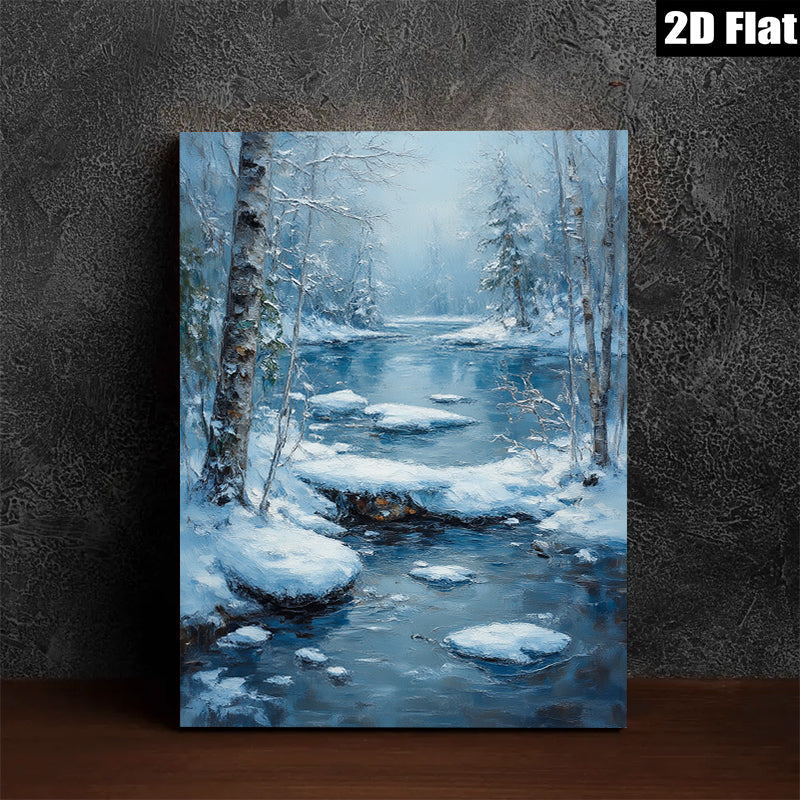 2D flat 1pc Winter Stream Snowscape Canvas Wall Art for Living Room Bedroom Home Decor Modern Farmhouse Rustic Style Cozy Vibes Gallery Wrapped