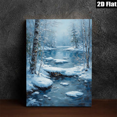 2D flat 1pc Winter Stream Snowscape Canvas Wall Art for Living Room Bedroom Home Decor Modern Farmhouse Rustic Style Cozy Vibes Gallery Wrapped