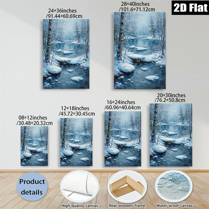 2D flat 1pc Winter Stream Snowscape Canvas Wall Art for Living Room Bedroom Home Decor Modern Farmhouse Rustic Style Cozy Vibes Gallery Wrapped