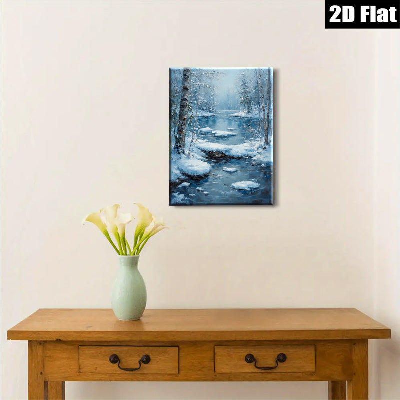 2D flat 1pc Winter Stream Snowscape Canvas Wall Art for Living Room Bedroom Home Decor Modern Farmhouse Rustic Style Cozy Vibes Gallery Wrapped