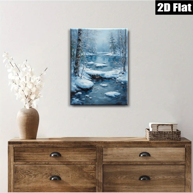 2D flat 1pc Winter Stream Snowscape Canvas Wall Art for Living Room Bedroom Home Decor Modern Farmhouse Rustic Style Cozy Vibes Gallery Wrapped
