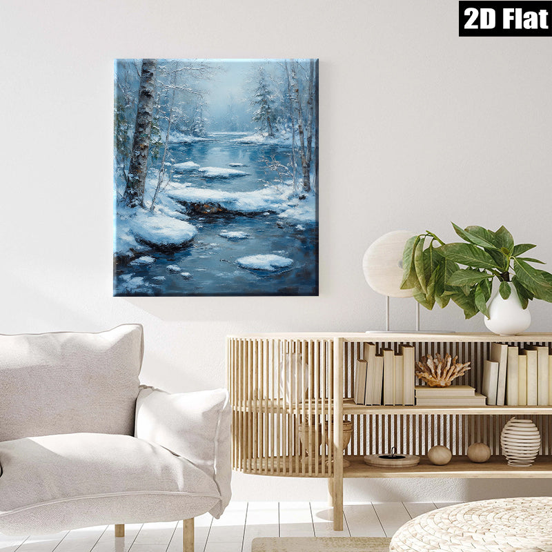 2D flat 1pc Winter Stream Snowscape Canvas Wall Art for Living Room Bedroom Home Decor Modern Farmhouse Rustic Style Cozy Vibes Gallery Wrapped