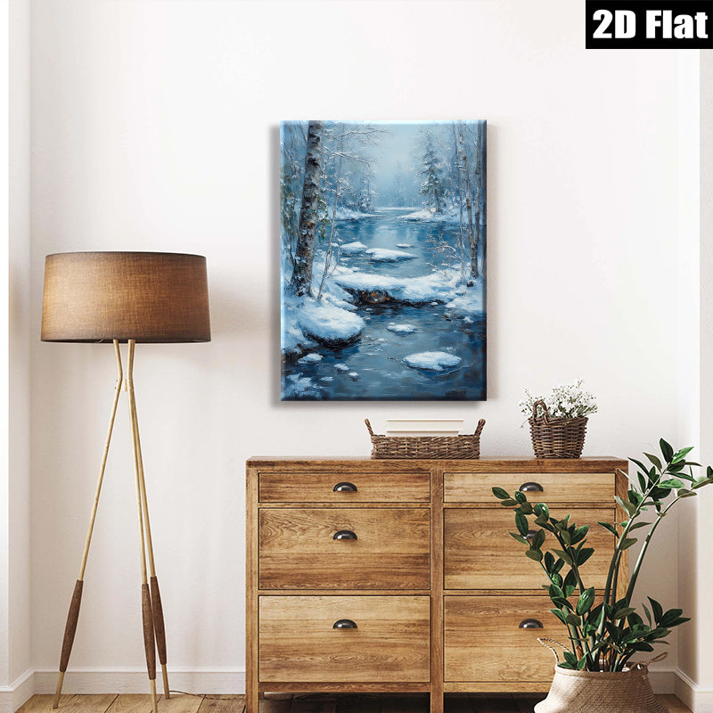 2D flat 1pc Winter Stream Snowscape Canvas Wall Art for Living Room Bedroom Home Decor Modern Farmhouse Rustic Style Cozy Vibes Gallery Wrapped