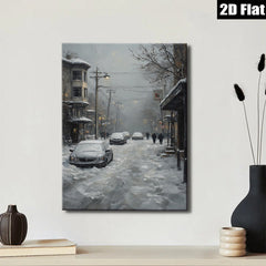 2D flat 1pc Winter Street Scene Snowy Cityscape Canvas Wall Art Living Room Bedroom Decor Farmhouse Style Modern Gallery Wrapped Ready To Hang